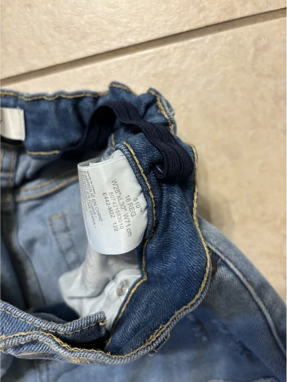 Levis 510 Skinny Jean Youth Kid Regular 16 28x30 Denim Adjustable Waist Distress